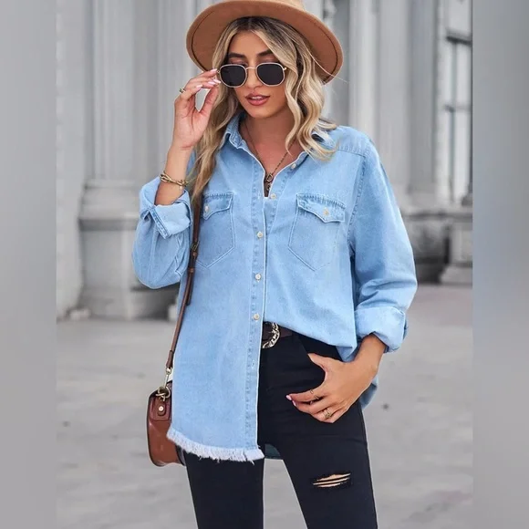 Blue Denim Button-Up Shirt Jacket - Picture 9 of 10